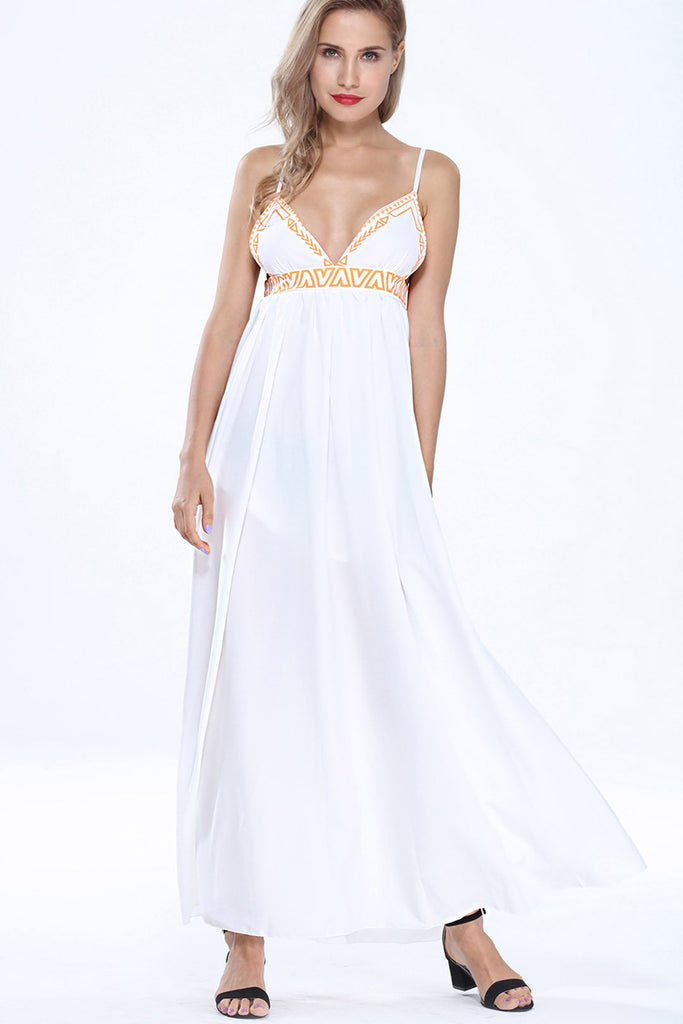 White V-Neck Sleeveless Letter Backless Slit Hem Maxi Dress