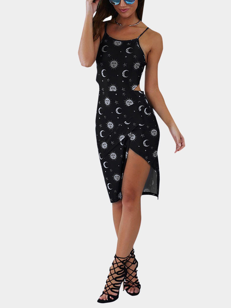 Round Neck Sleeveless Floral Print Backless Slit Hem Dresses