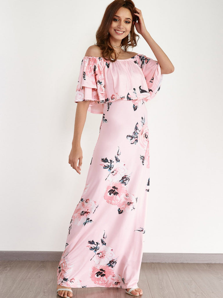 Pink Off The Shoulder Short Sleeve Floral Print Tiered Maxi Dresses