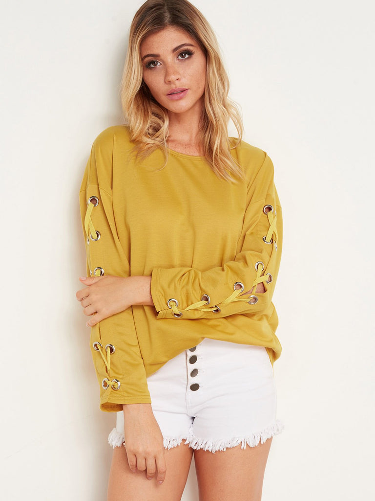 Round Neck Plain Tie-Up Long Sleeve Yellow T-Shirts