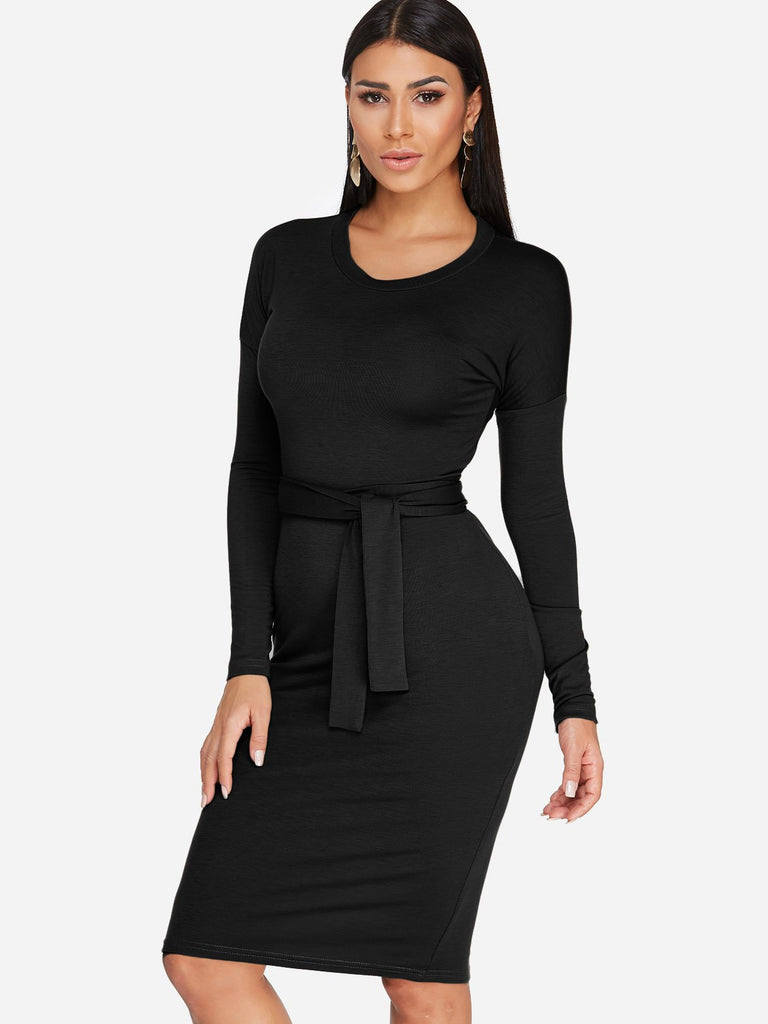Round Neck Long Sleeve Lace-Up Bodycon Hem Black Midi Dress
