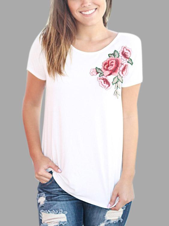 Crew Neck Embroidered Short Sleeve White T-Shirts