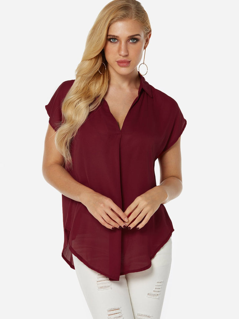 V-Neck Plain Short Sleeve Irregular Hem Blouses