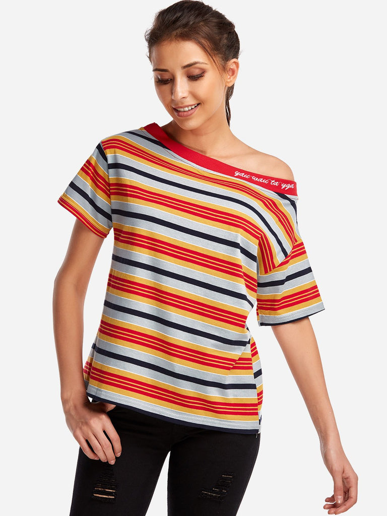 Round Neck Stripe Short Sleeve Red T-Shirts