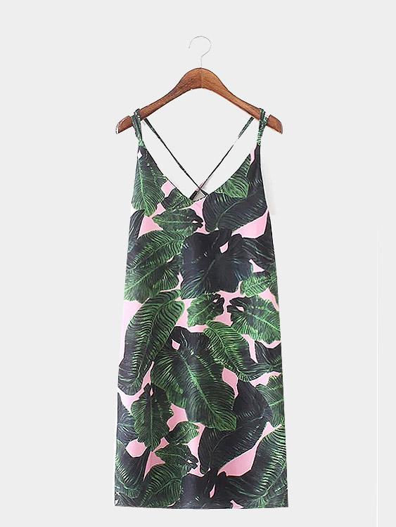 V-Neck Sleeveless Leisure Leaves Print Mini Dresses