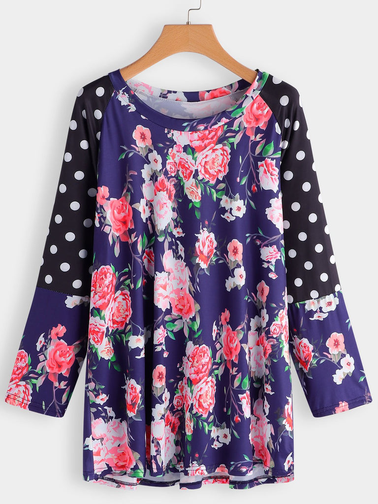 Round Neck Floral Print Long Sleeve Oversized Tops