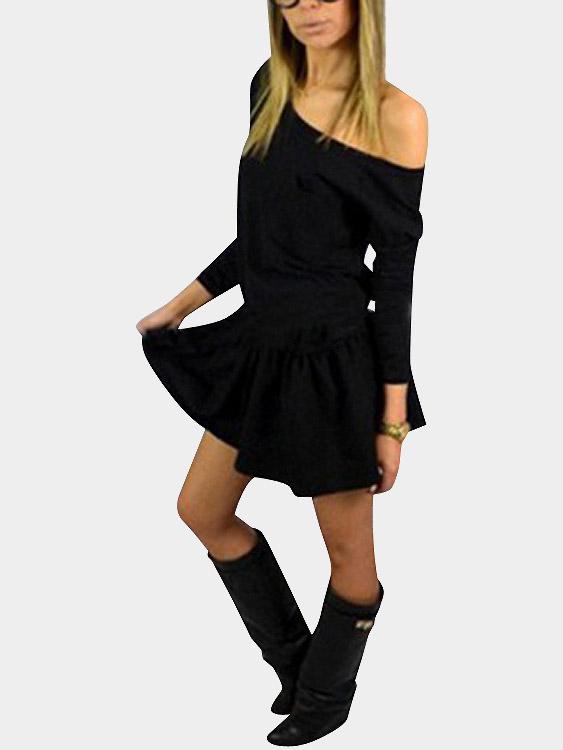 Round Neck Long Sleeve Plain Mini Dress