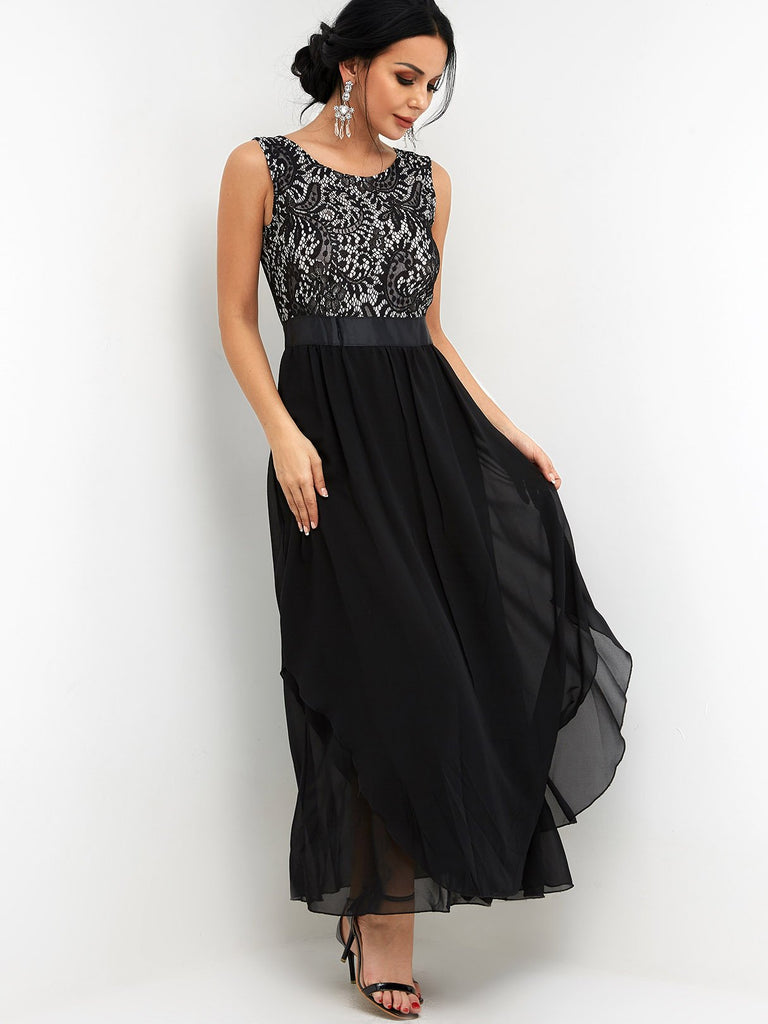 Black Round Neck Sleeveless Lace Partially Lined Flounced Hem High-Waisted Maxi Dresses