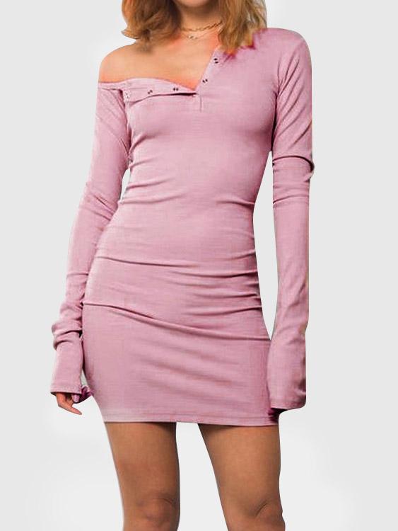 Pink Long Sleeve Plain Mini Dress
