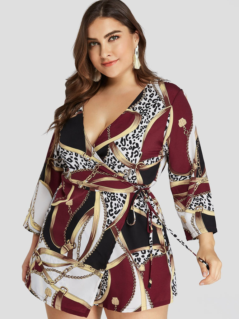 V-Neck Scarf Print Wrap Long Sleeve Curved Hem Plus Size Dress