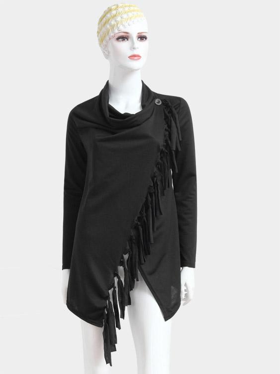 Tassel Long Sleeve Irregular Hem Black T-Shirts