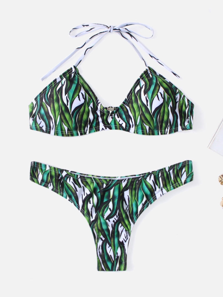 Green Halter Sleeveless Floral Print Backless Two Piece Bikinis