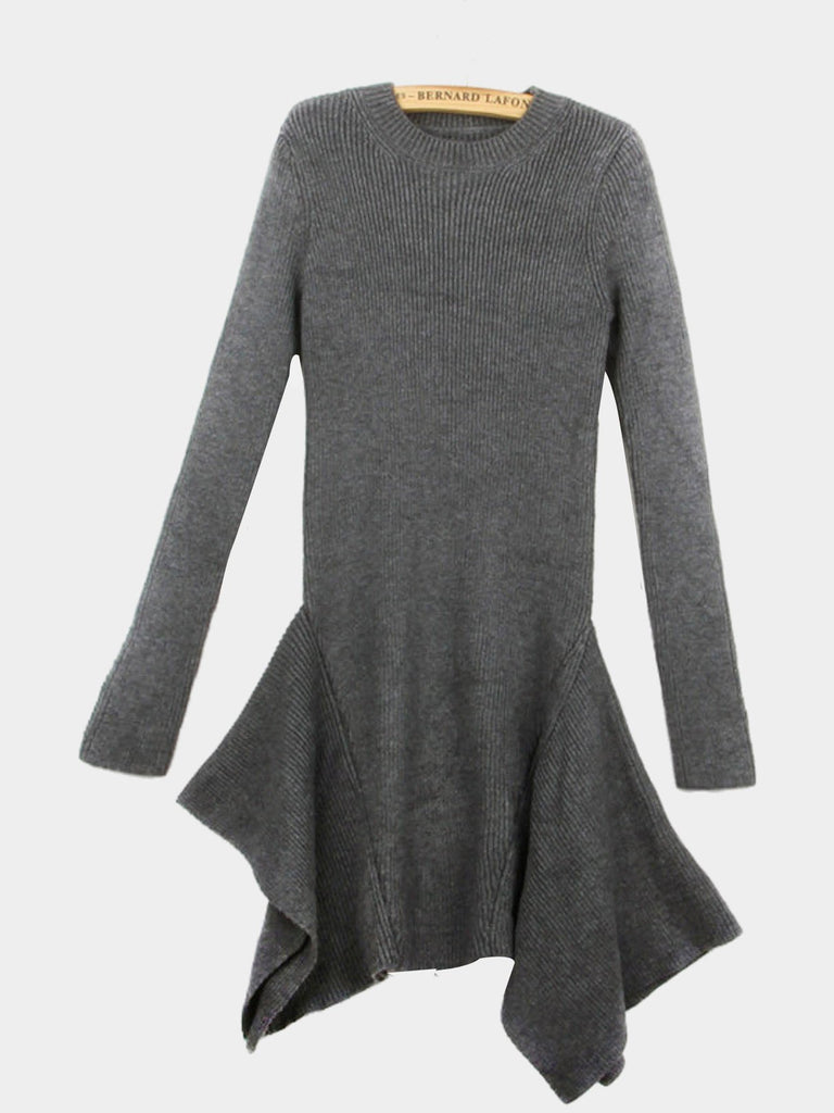 Grey Crew Neck Long Sleeve Irregular Hem Casual Dresses