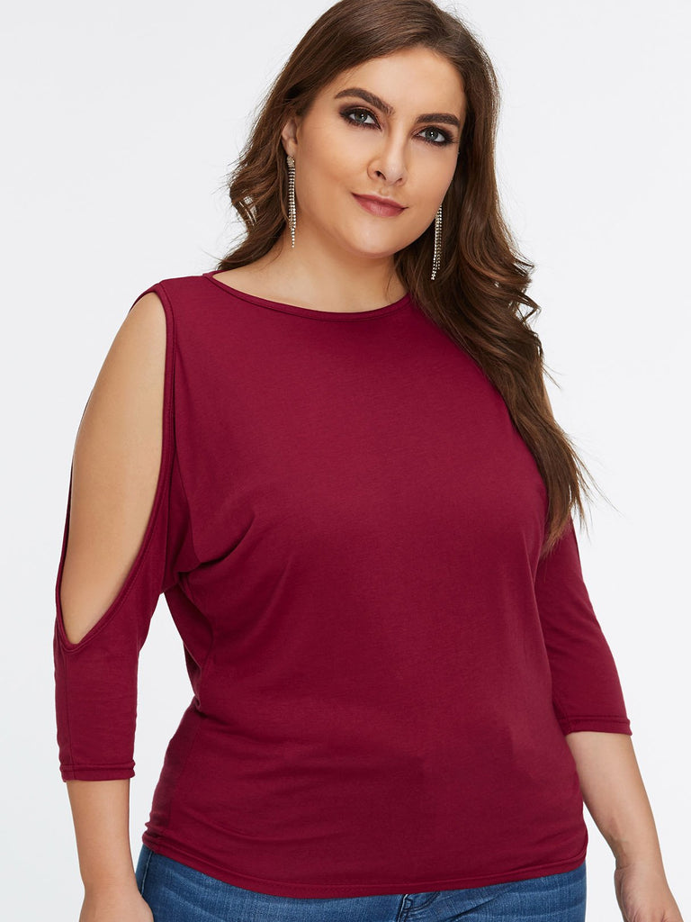 Round Neck Plain Cut Out 3/4 Sleeve Burgundy Plus Size Tops