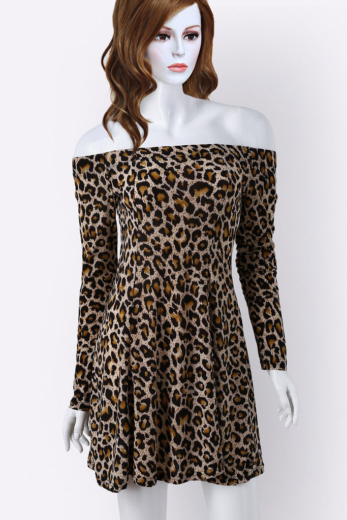 Off The Shoulder Long Sleeve Leopard Sexy Dresses
