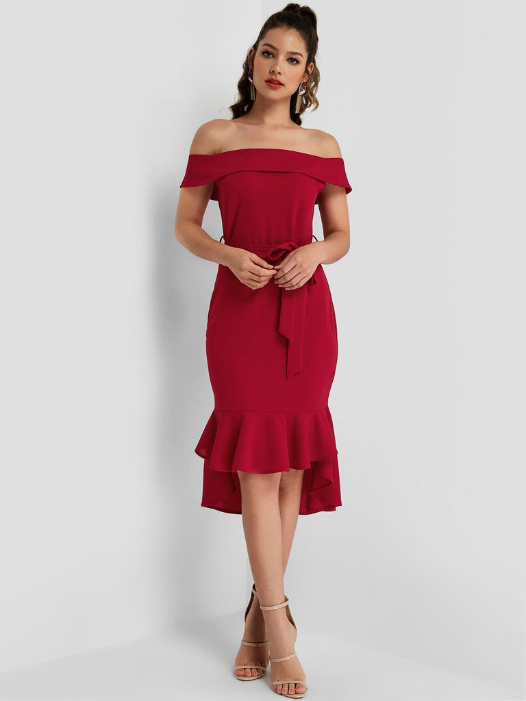 Ladies Burgundy Off The Shoulder Dresses