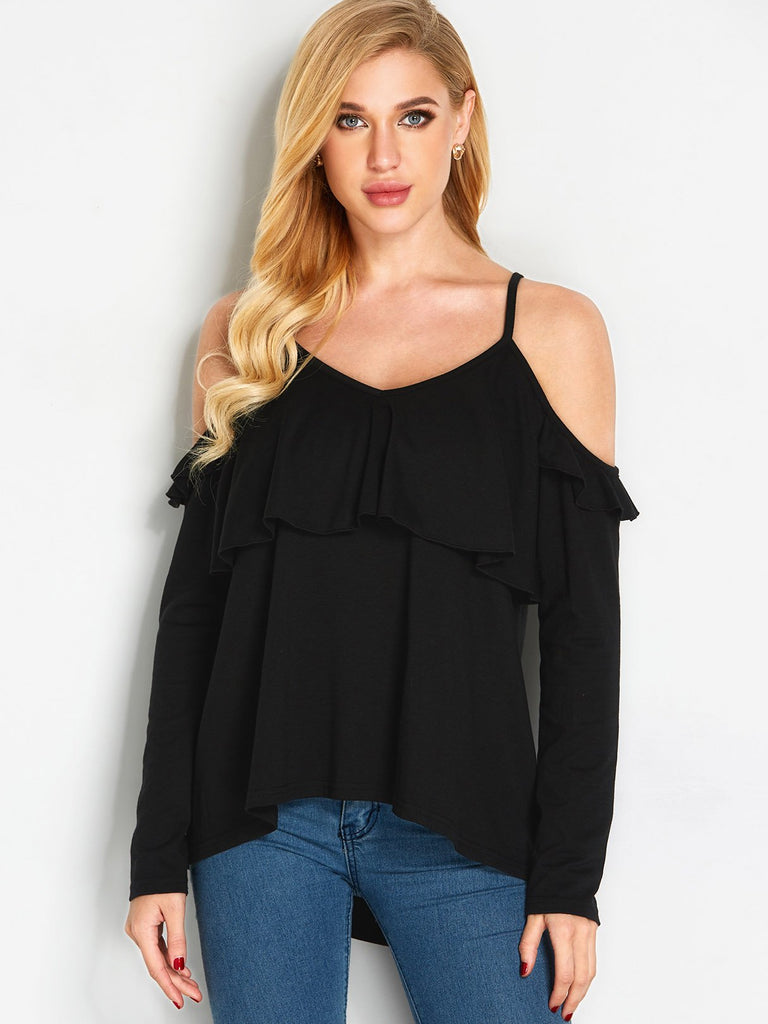 Cold Shoulder Plain Spaghetti Strap Long Sleeve Black Blouses