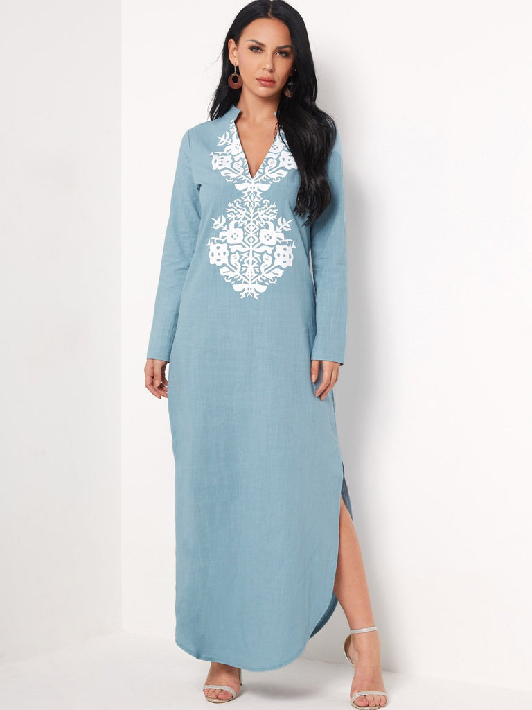 Blue Deep V Neck Long Sleeve Slit Hem Maxi Dress