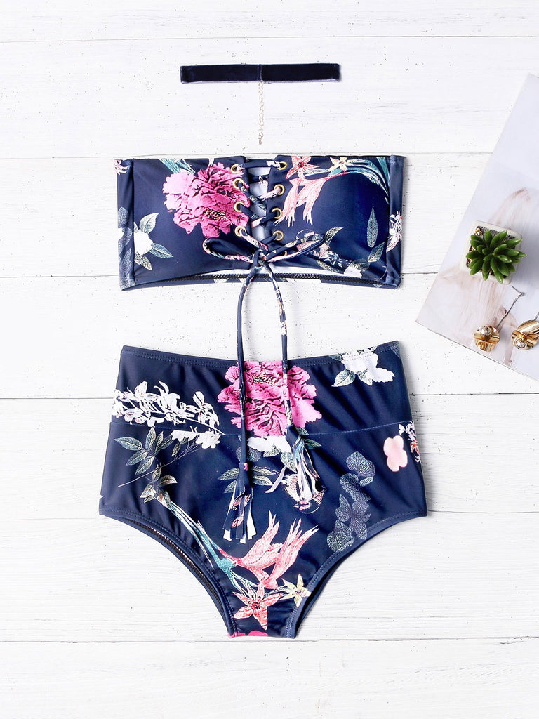 Black Strapless Sleeveless Floral Print Crossed Front Lace-Up Two Piece Bikinis