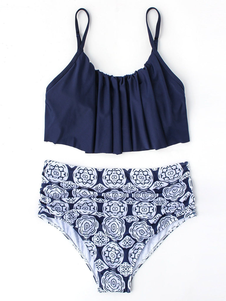 Dark Blue Sleeveless Printed Ruffle Hem Two Piece Bikini