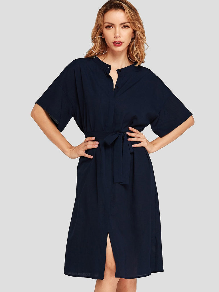 Navy Half Sleeve Self-Tie Midi Dresses