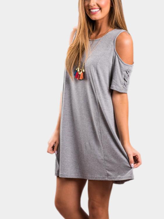 Grey Cold Shoulder Short Sleeve Plain Lace-Up Mini Dress
