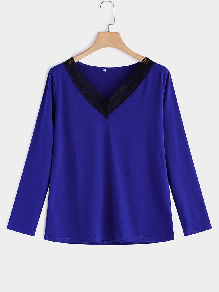 V-Neck Plain Lace Long Sleeve Blue T-Shirts