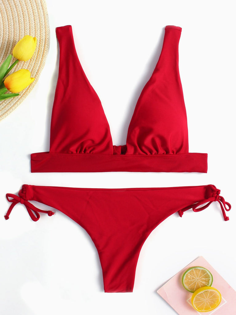 Burgundy V-Neck Sleeveless Plain Lace-Up High-Waisted 2 Piece Bikinis
