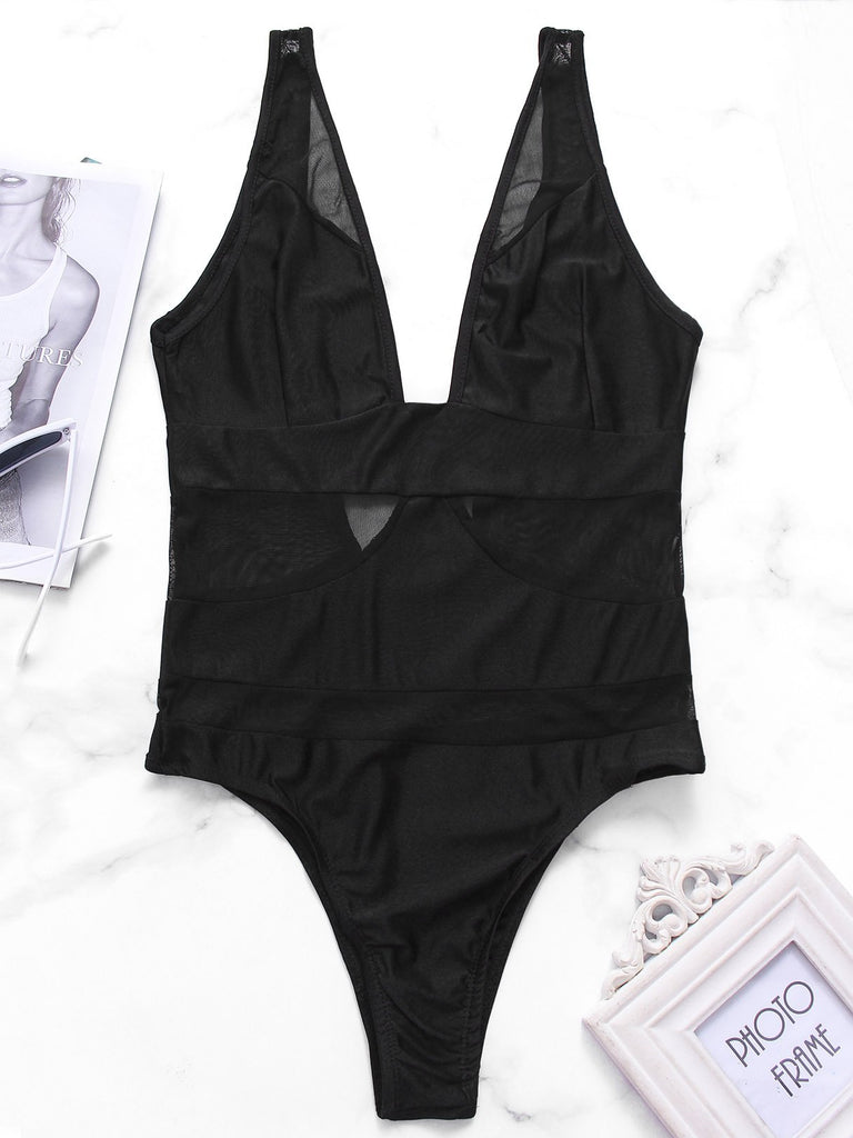 Black V-Neck Sleeveless One-Pieces