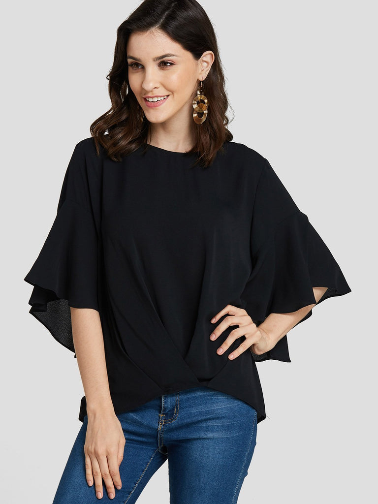 Round Neck Plain Half Sleeve Black Blouses