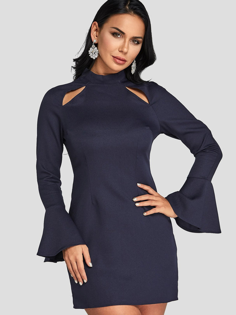 Navy Long Sleeve Plain Cut Out Mini Dress