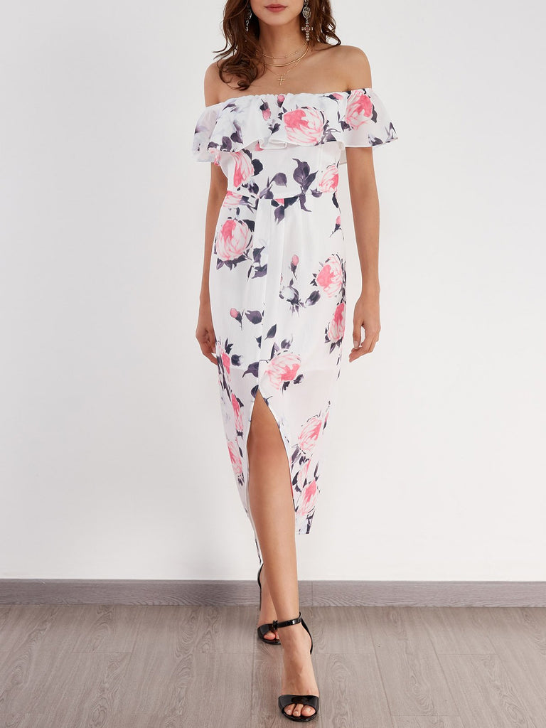 White Off The Shoulder Short Sleeve Floral Print Backless Slit Hem Dresses