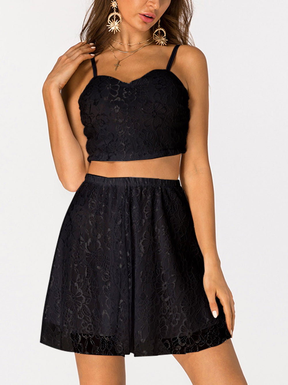 Black V-Neck Sleeveless Embroidered Lace Zip Back Two Piece Outfits