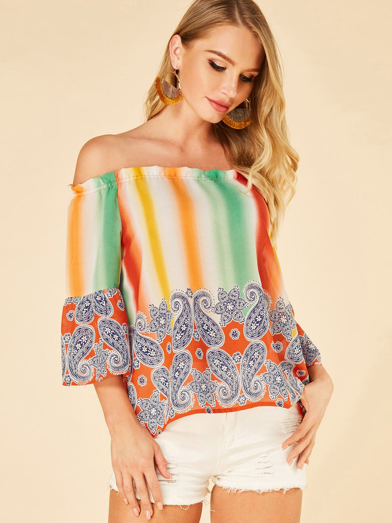 Off The Shoulder Stripe 3/4 Length Sleeve Orange Blouses