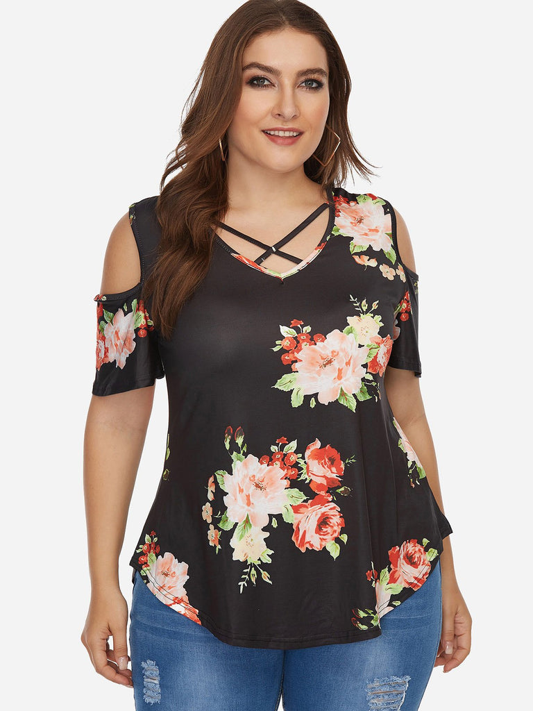 V-Neck Cold Shoulder Floral Print Cut Out Short Sleeve Curved Hem Black Plus Size Tops