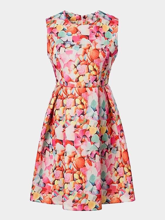 Crew Neck Floral Print Zip Back Ruffle Hem Mini Dress
