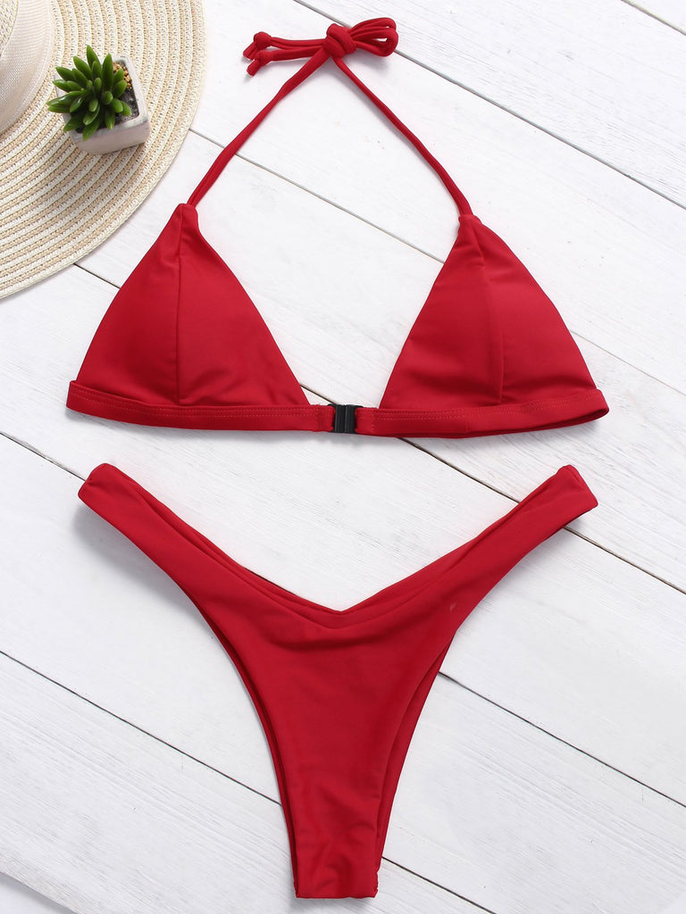 Red V-Neck Zip Front High Waist 2 Piece Bikinis