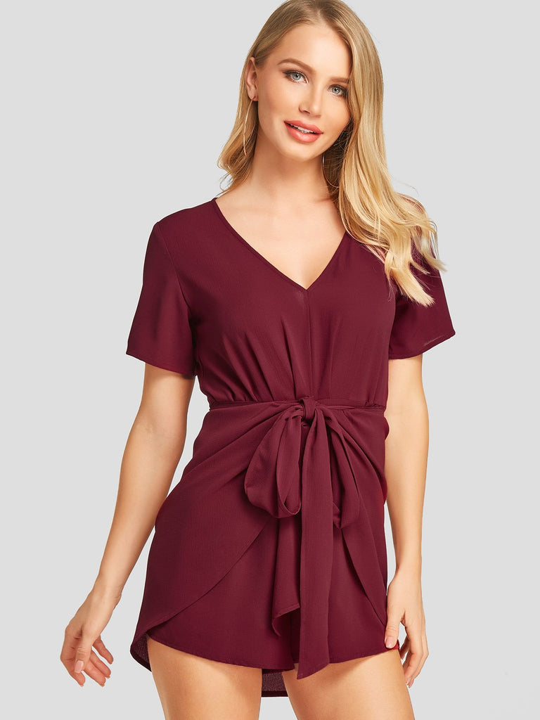 Wine Red Short Sleeve Plain Zip Back Self-Tie Irregular Hem Mini Dresses