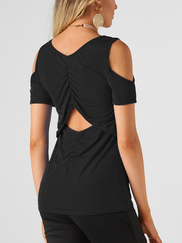 Scoop Neck Cold Shoulder Plain Hollow Cut Out Pleated Short Sleeve Black T-Shirts