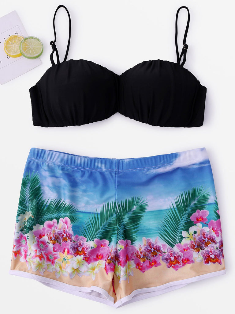 Black Sleeveless Floral Print Bikinis