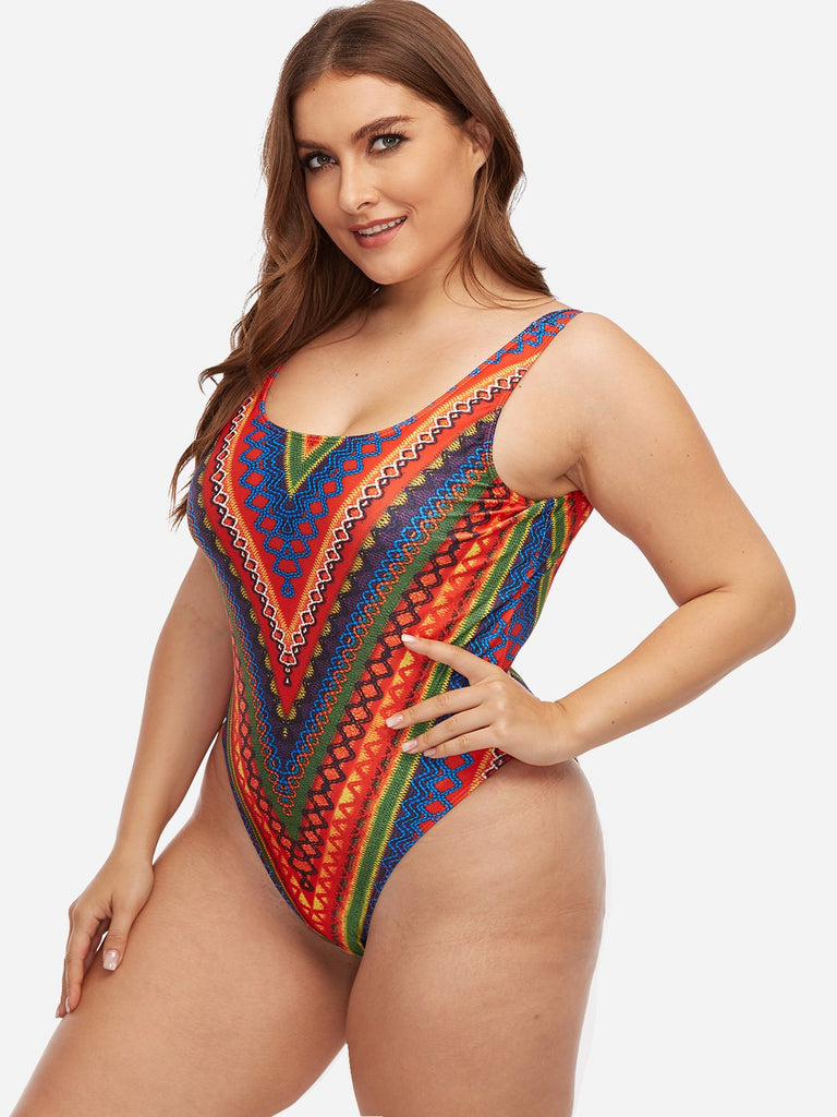 Scoop Neck Tribal Print Backless Sleeveless Plus Size Swimwear