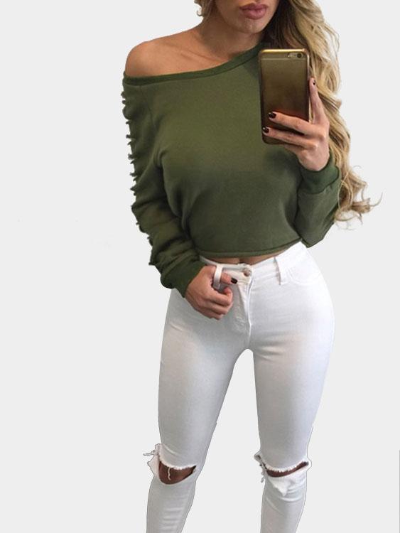 Round Neck Long Sleeve Green Fashion Top