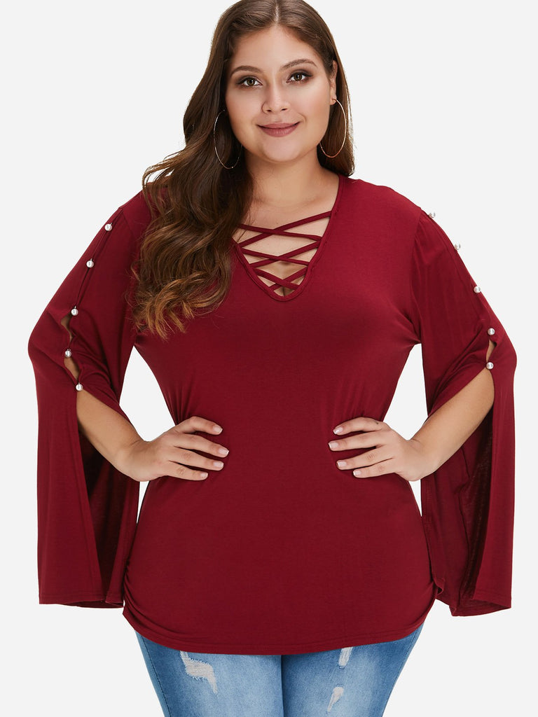 V-Neck Plain Handmade Beaded Slit Criss-Cross Long Sleeve Burgundy Plus Size Tops