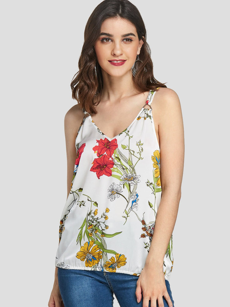 V-Neck Floral Print Spaghetti Strap Sleeveless White Cami