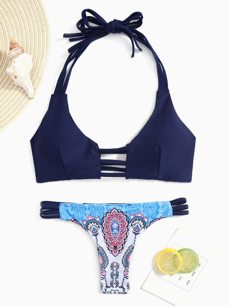 Navy Halter Sleeveless Floral Print Wireless Two Piece Bikinis