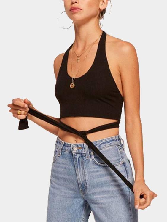 Halter Backless Cut Out Sleeveless Black Tank Top