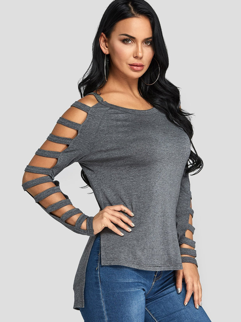 Scoop Neck Plain Cut Out Slit Long Sleeve High-Low Hem Grey T-Shirts