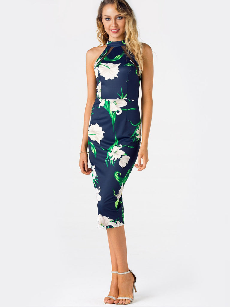Navy Halter Sleeveless Floral Print Zip Back Cut Out See Through Slit Hem Dresses