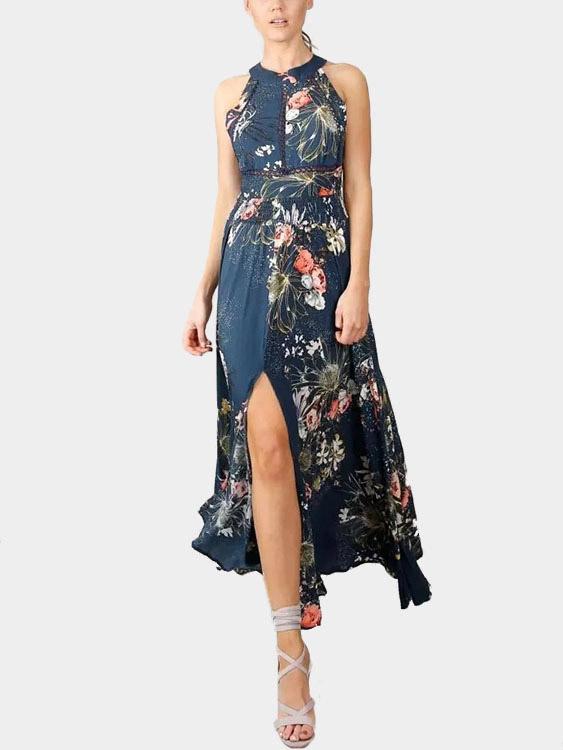Slit Hem Halter Floral Print Maxi Dress