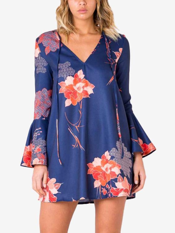 Blue V-Neck Long Sleeve Floral Print Lace-Up Dresses